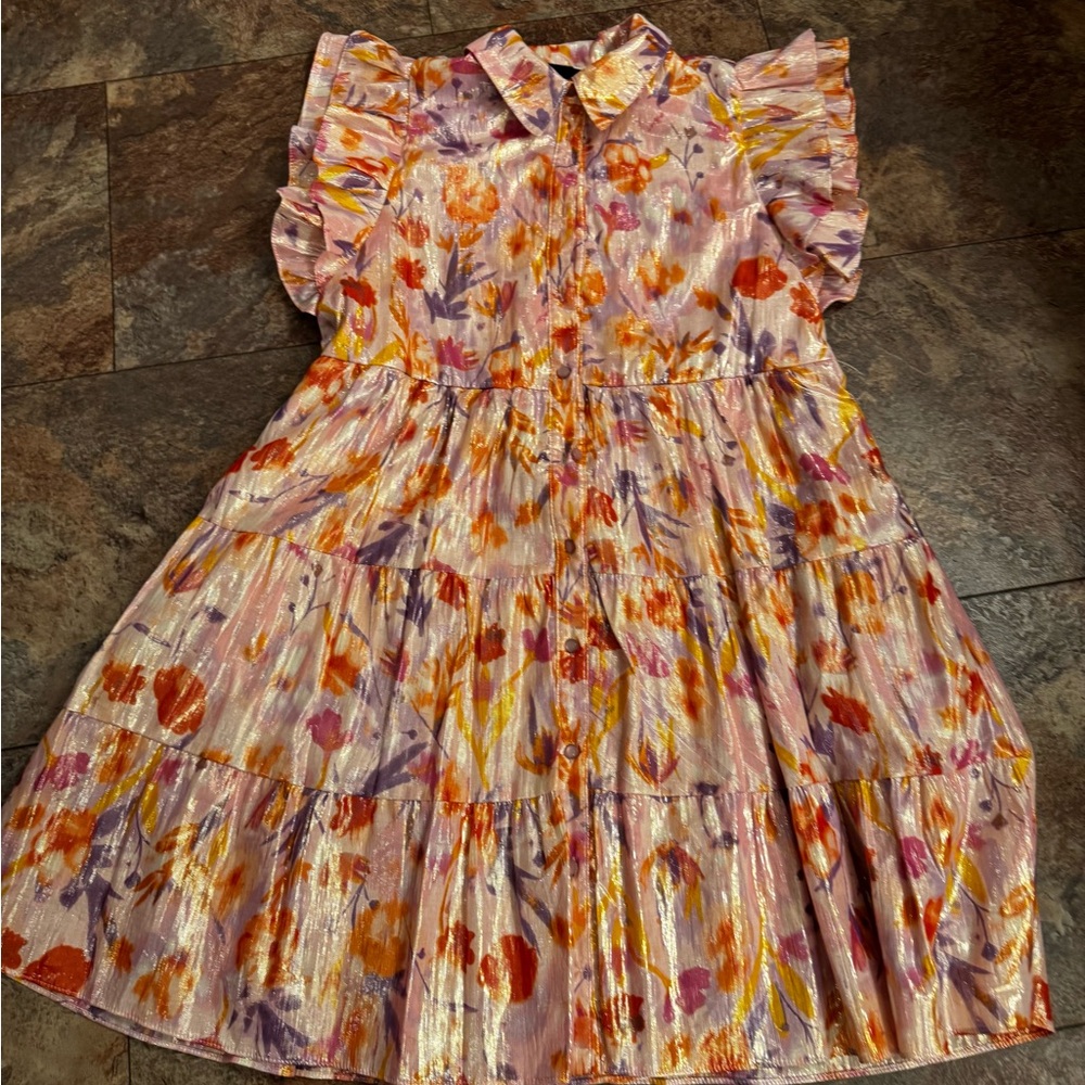 Tiered floral midi dress metallic